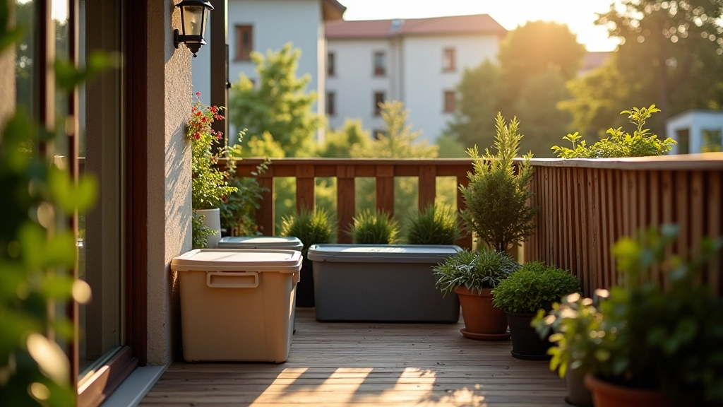 Latvian balcony with weatherproof storage boxes and organized outdoor furniture arrangement