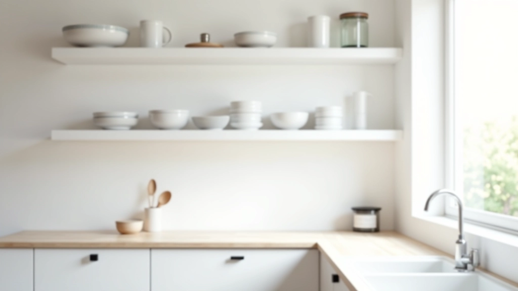 Compact kitchen with white floating shelves displaying ceramic dishes and glass containers