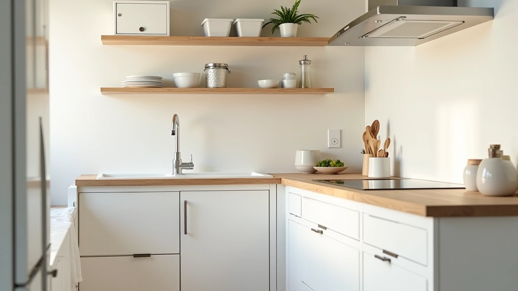 Organized small kitchen with clear storage bins under sink and organized shelf space showing practical storage solutions