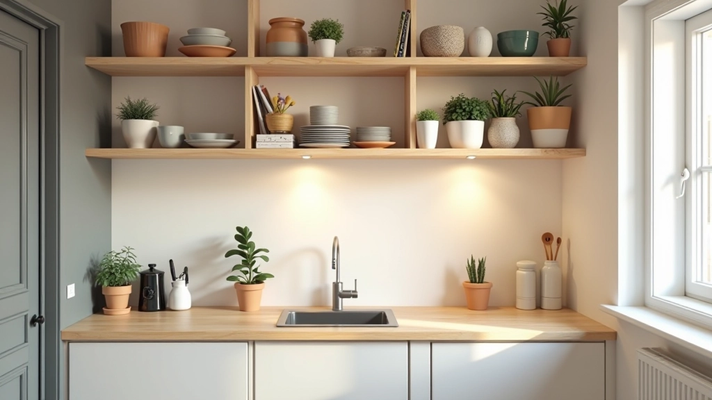 DIY shelving installation in a compact Latvian kitchen showing practical storage organization