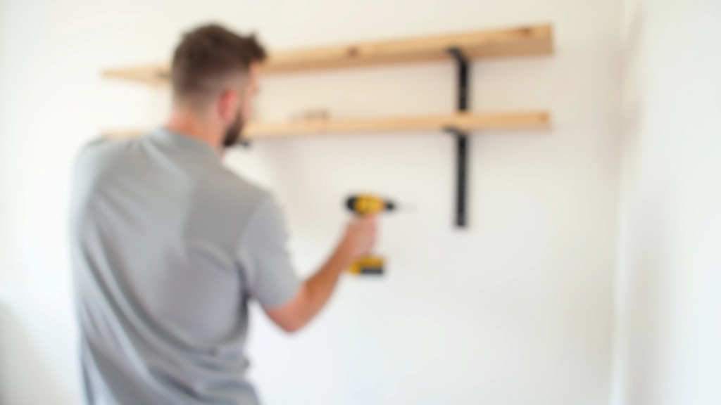 DIY shelving installation with tools and wooden brackets on white wall