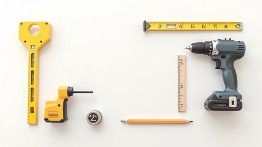 Wall preparation tools including stud finder, level, drill, and measuring tape on white kitchen wall