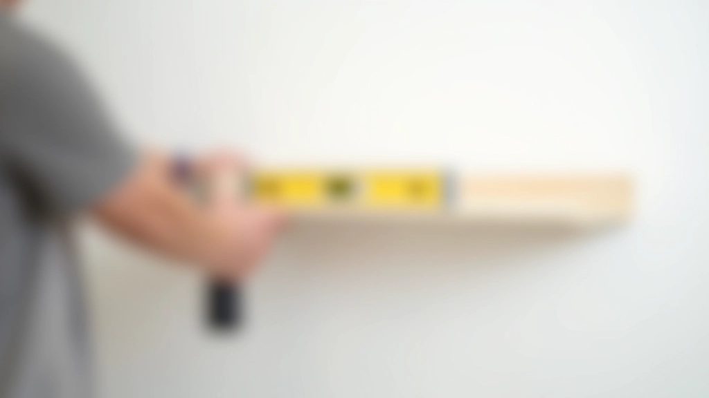 Step-by-step installation of floating shelf bracket mounted on wall with drill and level