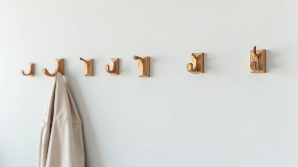 Collection of various wall hooks in different sizes and materials mounted at varying heights on a light gray hallway wall