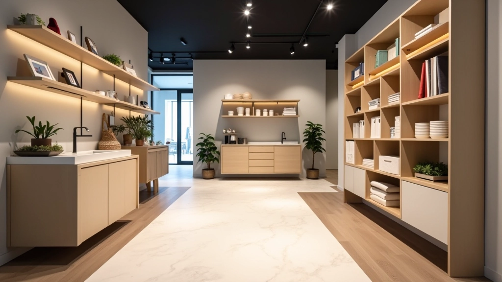 Mēbeļu Centrs showroom display with modern storage furniture, shelving units, and organizational systems