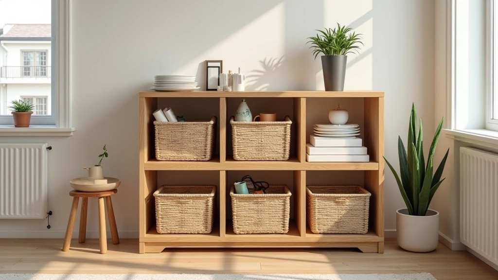 Modern shelving unit with organized storage baskets and books in a bright Latvian apartment