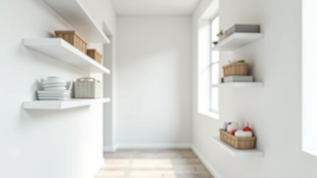 Narrow hallway with white floating shelves mounted at varying heights displaying organized storage baskets and decorative items