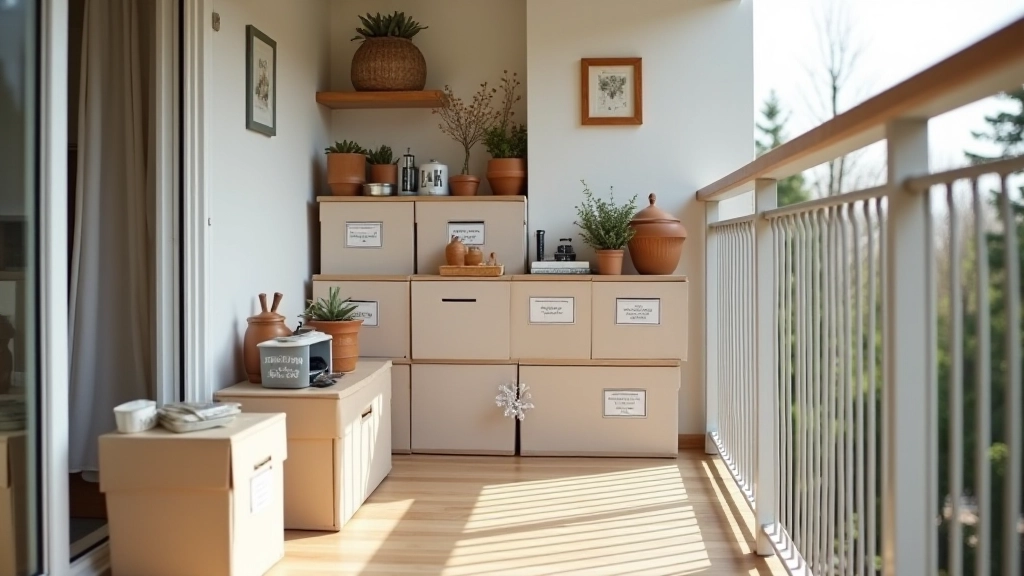Organized apartment balcony storage with labeled plastic bins, clear categorization, winter decorations and seasonal items neatly stacked
