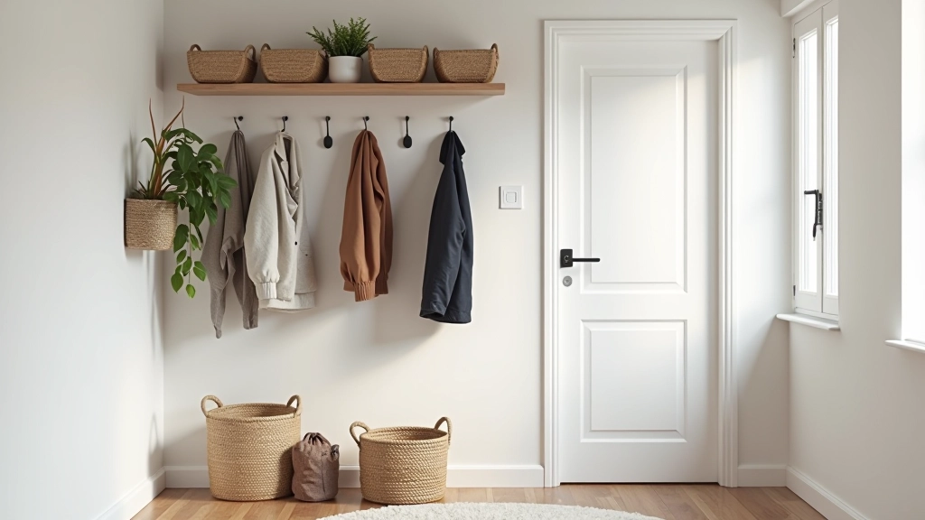 Hallway storage solution with hooks, shelves, and organized bins for entryway organization