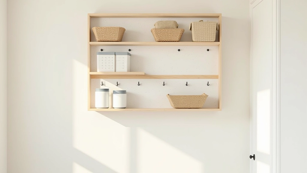 Hallway wall with pegboard organizer system displaying various hooks, baskets, and storage accessories for functional entryway organization