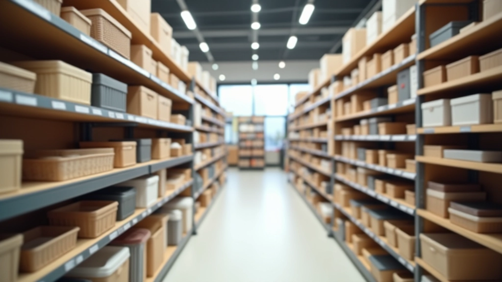 Interior of Depo store with shelves displaying various affordable storage baskets, organizers, and bins in multiple colors and materials