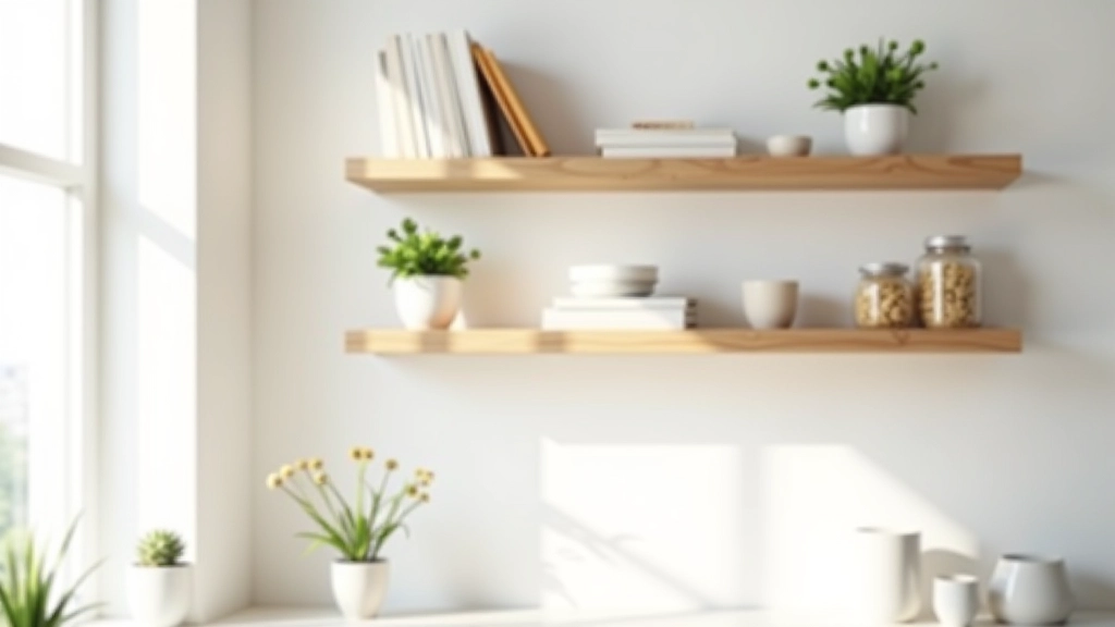 Styled floating shelves in kitchen with cookbooks, plants, and decorative jars arranged thoughtfully