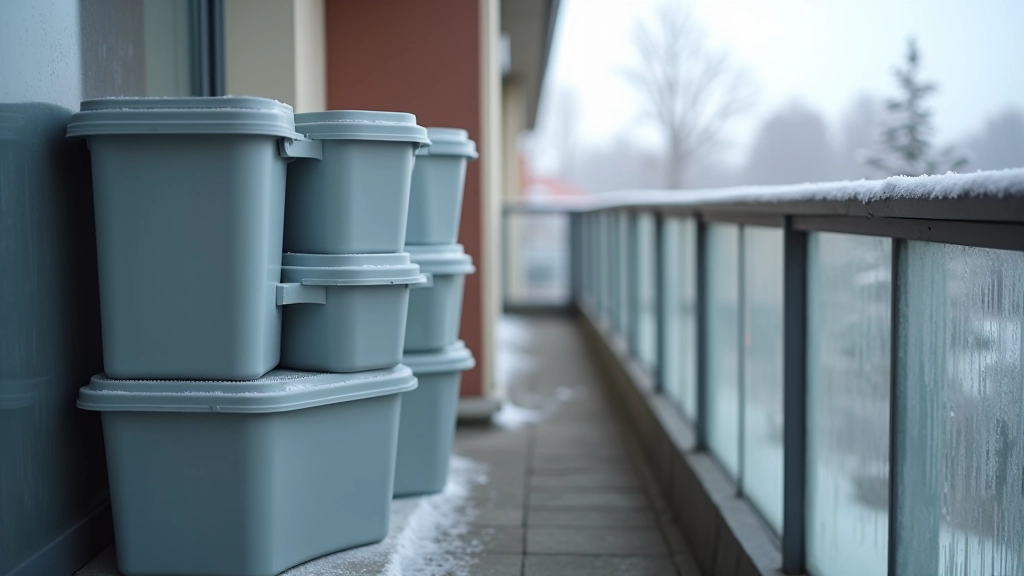 Weatherproof plastic storage boxes stacked on a modern apartment balcony with visible frost and ice buildup