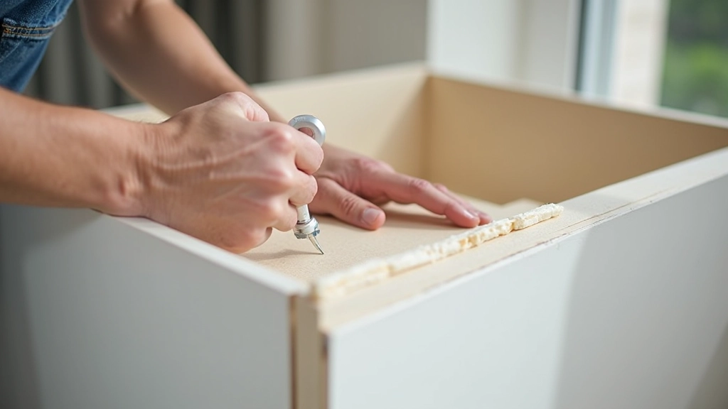 Close-up of weatherstripping installation on storage box lid with adhesive foam tape application