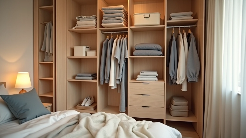 Organized bedroom closet with hanging organizers and stacked storage boxes, professional and clean appearance