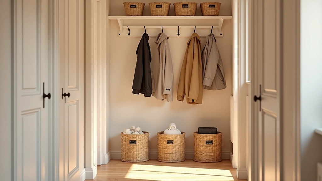Completely organized hallway entryway with coordinated storage baskets, labeled bins, wall hooks, and neat arrangement of seasonal items and daily necessities